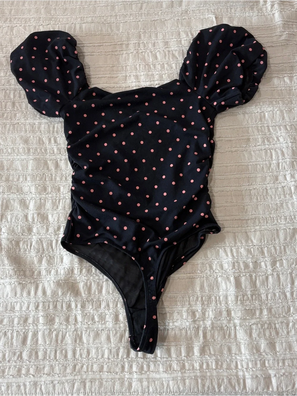 Free People Polka Dot Puff Sleeve Bodysuit Top - Pink Dots
